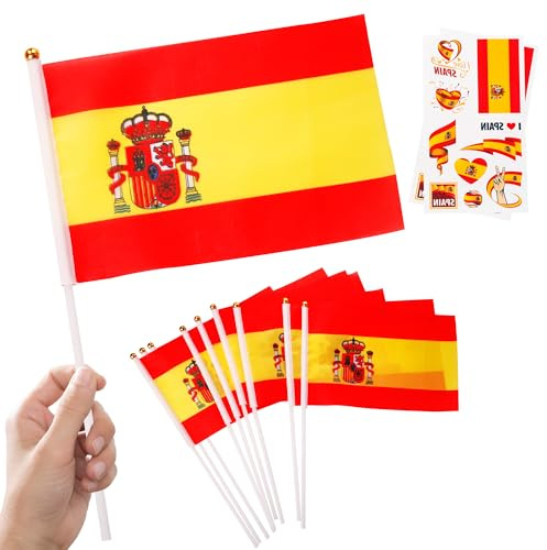 10 Petits Drapeaux Espagne sur Tige & 2 Tatouages, Mini Pavillon Espagnol Main avec Bâton pour Coupe du Monde Football 2026 Fête Nationale Décoration Fête Déco Défilé Sport