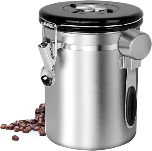 1,8L Kaffeebehälter Edelstahl luftdichter Kaffeekanister mit Datumsanzeige | Wiederverwendbarer VorratsbehäLter, für Kaffeebohnen, Zuckermehl, Pulver, Tee, Zucker