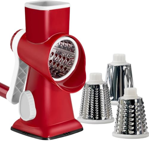 Lacusmare Rallador de queso, cortador de verduras con 3 cuchillas reemplazables, rallador de tambor giratorio para queso, pepino, zanahoria, patata, nueces, triturador de hielo para batidos de helado