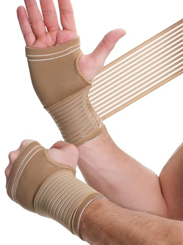 NEOtech Care Banda de sujeción para la palma de la mano y el pulgar - Elástica y transpirable - Tira de compresión ajustable (Beige, Talla M, 2 Unidades)