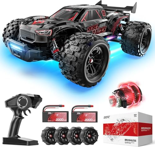 DEERC 1:14 borstlös RC bil för vuxna, 46+ mph off-road, 2 x 3S Lipo, 4WD vattentät, 7 ljuslägen, höghastighets fjärrstyrd bil, terrängsäker för snö, sand och lera
