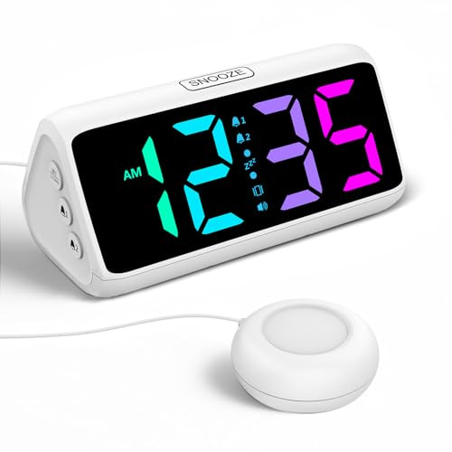 Stark väckarklocka för djup sovande, vibration, dubbelt larm, RGB-display, 5 ljusstyrkenivåer, 4 volymer, snooze, vibration för äldre och tonåringar