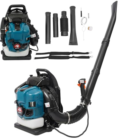 OUBUBY 75.6 cc soplador de hojas de gasolina de 4 tiempos en la parte posterior portátil con sistema antivibración 2600 W Pistón de hoja de velocidad ajustable soplador de hojas como mochila velocidad