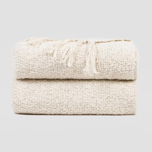 TRAMAS+ Manta Plaid Nudos Sofá y Cama - Confort y Elegancia en tu Hogar (120x190cm) - Blanco Natural