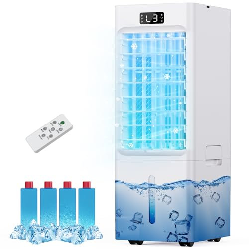 Air Cooler, 3 IN 1 Portable Air Conditioner, 6L Water Tank with 4 Ice Packs, 3 Speeds & 4 Modes, Air Conditioning Unit with Remote, 60°Oscillating, 12H Timer, High Cooling Efficiency for Room