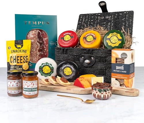 Cheese & Charcuterie Hamper Basket | 5 Cheeses, 2 Chutneys, Charcuterie, Crackers & Cheese Bites | Luxury Food Hamper Gift for Food Lovers, Men & Women