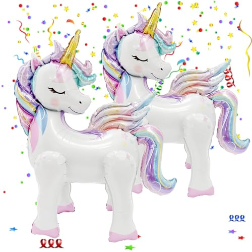 Thapncow 2 Stück 3D Einhornballons, stehende Folienballons Einhörner, Kindergeburtstagdekoration, Cartoon Einhornballons
