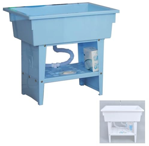 JINGSHIQIAOPL Pila Lavadero de Plástico Independiente con Tabla de Lavar, Fregadero Portátil para Lavandería, Garaje, Tienda, Interior y Exterior, con Kit de Desagüe, 80 X 57 X 74 cm(Blue)