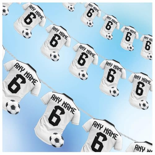 Personalised Football Shirt Bunting, Party Decorations, Birthday, Celebrations, Sports Events 12pcs / 2.5m Ribbon (WHITE BLACK TRIM)