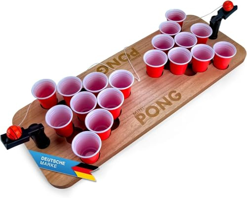 GOODS+GADGETS® Mini Pong Tisch – Shot Pong Set mit Red Cups | Kompaktes Holz-Spielset 61 x 22 cm – inkl. Becher & Katapult, sofort einsatzbereit