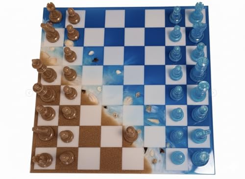 Échiquier en résine époxy – Thème océan/mer avec Sable & Coquillages – Jeu d’échecs Artisanal Fait Main – Plateau + pièces – Idée Cadeau Premium - Design