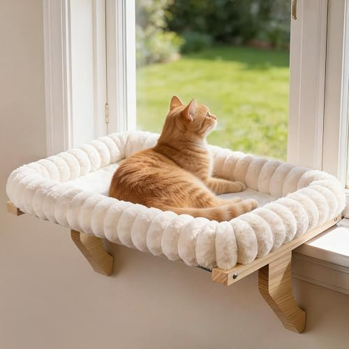 Zoratoo Cloud-soft Wooden Cat Window Sill Perch with Zipper Cushion,L White | Removable for Machine Wash, Fluffy Plush Bolster, Sturdy Metal Frame for Large Cats up to 40lbs, Easy to Adjust