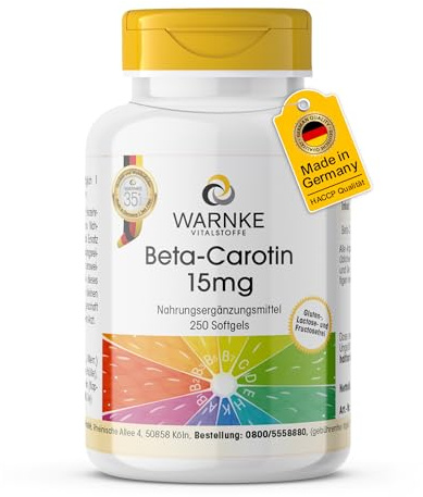 Bêta-carotène 15mg - 250 gélules - 15mg par gélule (correspond à 25 000 UI) - Provitamine A - HAUTEMENT DOSÉ - Qualité pharmaceutique allemande | Warnke Vitalstoffe