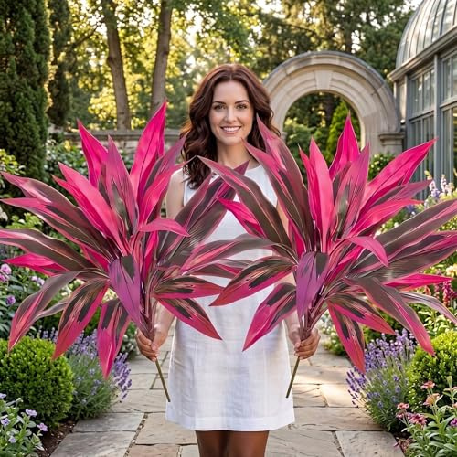 4PCS Artificial Tropical Plants Outdoor Fake Cordyline Fruticosa Dracaena Branches, UV Resistant Plastic Greenery for Patio Garden Porch Decoration (Red_4PCS)