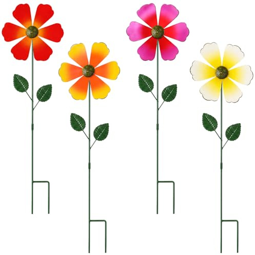 Cyiecweu Lot de 4 Moulin à Vent Jardin Extérieur en Métal, Éolienne de Jardin Décorative en Forme de Fleur Multicolore, Épouvantail à Jardin Anti-Oiseaux pour Cour, Pelouse et Terrasse