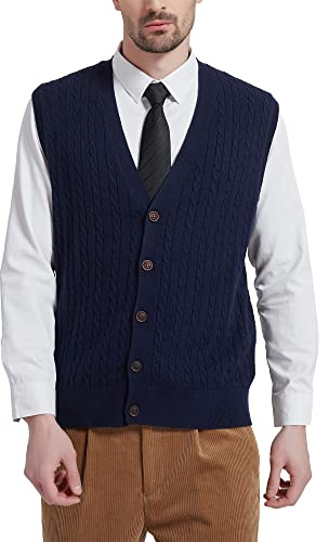 Kallspin Men's Wool Blend Sweater Vest Cable Knit Button Front Gilet Jumper