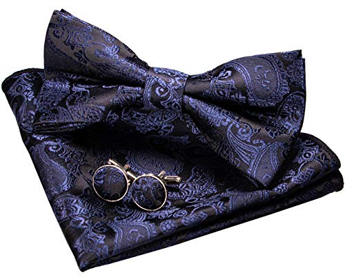 JEMYGINS Paisley Fliege und Einstecktuch mit Manschettenknöpfe Sets für Herren
