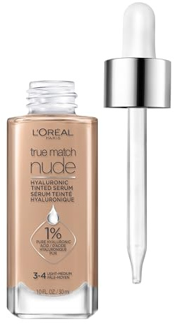 L'Oreal Paris True Match Nude Hyaluronic Tinted Serum Foundation with 1% Hyaluronic acid, Light-Medium 3-4, 1 fl. oz.