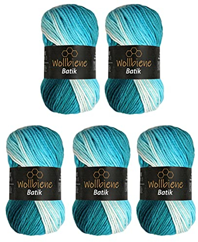 5 x 100g Wollbiene Batik 500 Gramm Wolle mit Farbverlauf mehrfarbig Multicolor Strickwolle Häkelwolle (5200 petrol türkis weiß)