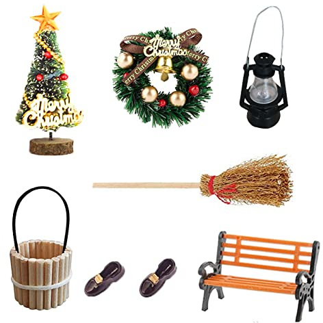 Wichteltür Zubehör Set Mini Stiefel Laterne Weihnachtsbaum Dekokranz Holzleiter Besen Zuckerstange Teppichdecke Verzierungen für Miniatur Wichtel Tür Wichteltüren Nissedor Kinderzimmer
