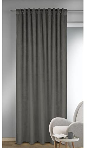 GardinenOutlet Glory Samt-Vorhangschal mit Gardinenband oder verdeckten Schlaufen, Polyester, dunkelgrau, ca. 245x135 cm