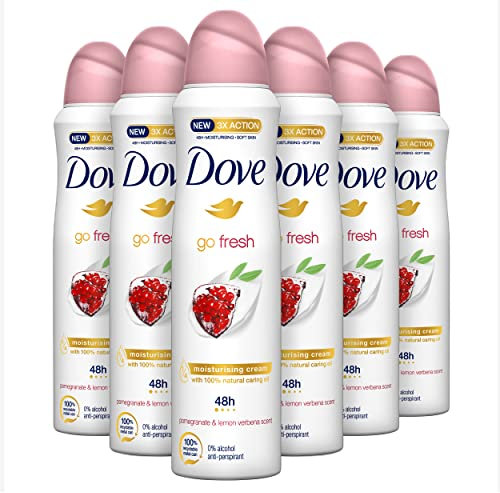 Dove, Go Fresh Deodorante Spray Melograno, con 1/4 Crema Idratante, Antitraspirante, Senza Alcool, Pelle Asciutta Fino a 48 Ore, Profumazione al Melograno, Deodorante Uomo e Donna, 6 Pezzi da 150 ml