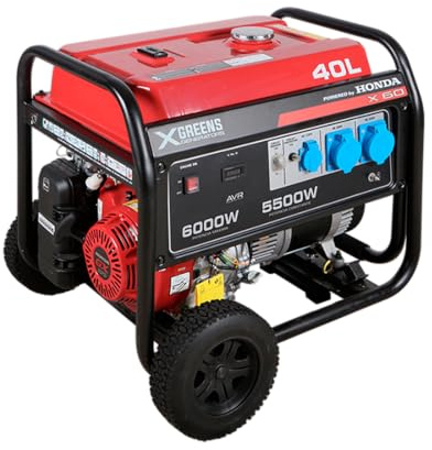 XGREENS Generador de corriente (gasolina) X60 (máx. 6.000W, depósito 40 l, AVR, Powered by Honda, ruedas, alerta aceite, monofásico, 3 tomas 230V, protección térmica y panel digital)