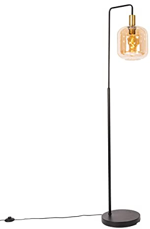 Qazqa Design Stehleuchte, Stehlampe - Zuzanna - Messing, Gold mit Bernsteinglas, Vintage, max. 40W, Geeignet für LED, 150cm, Ideal als Wohnzimmerlampe