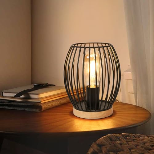 Riserva Lámpara de Mesa Salón Industrial, Lámpara de Mesita Vintage con Cable, E27 Lámpara de Mesa de Metal de Base de Madera para Dormitorio, Salón, Sala de estar, Negro