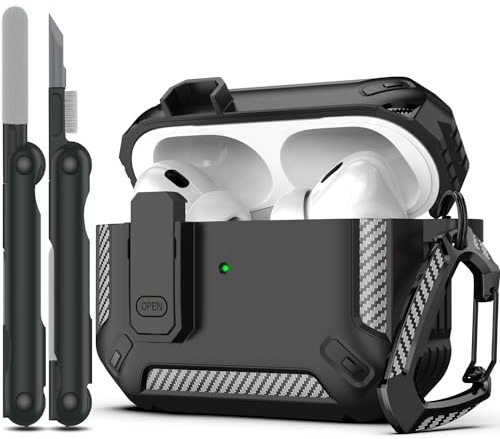 RFUNGUANGO compatible with AirPods Pro 2nd case protective case with cleaning kit, military hard shell protective case with lock for AirPod Pro case(2023/2022/2019),Black