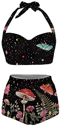 JEOCODY Zweiteiliger Vintage-Badeanzug für Damen, Retro, Neckholder, gerüscht, hohe Taille, Bikini mit Unterteil, Pilz- und Schmetterlingsdruck, Large