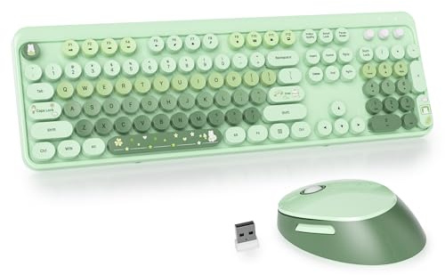 SOLIDEE kabellose Tastatur- und Maus-Kombination,Retro-Schreibmaschinen-Tastatur,2.4GHz runde Tastenkappe Tastatur mit Ziffernblock,104 Tasten ergonomische Tastatur(Amerikanisch QWERTY)(Mixed Green)