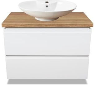VBChome Badezimmerschrank 80x45 cm Waschbecken mit Hahnloch 66x44 cm Weiß Unterschränke Wandschrank Waschbeckenunterschrank Hängeschränke mit Arbeitsplatte 2 Schubladen Gefräste Griffe