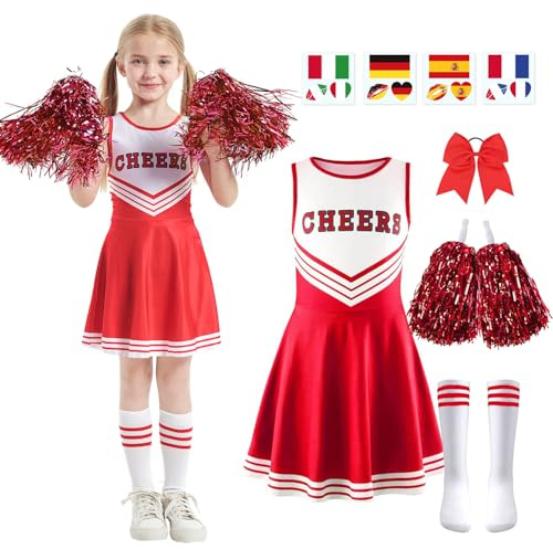 songyea 5er Set Cheerleader Kostüm Kinder,Cheerleading Uniform Kleid,Cheerleadering Outfit Mädchen mit Pompoms,Socken,Tattoo-Aufkleber und Kopfschmuck,Kinder Cheerleadering für Karneval Party