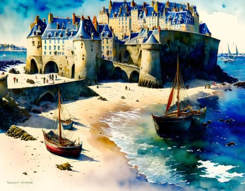 UXHRILSV Leinwand-Poster, ohne Rahmen, Schloss und Fischerboote am Meer, 50 x 70 cm