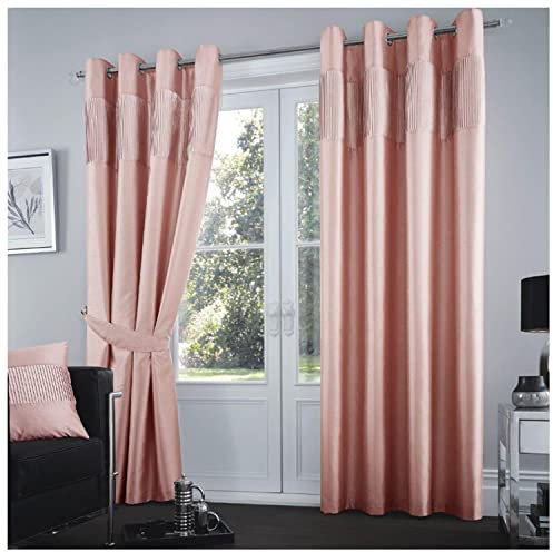 GC GAVENO CAVAILIA Striped Curtains 2 Piece Shiny Diamante Band Panels & Matching Curtain Tiebacks, Ring Top Eyelet Curtains For Bedroom, 66 (Width) x 72 (Drop) Inch, Blush Pink