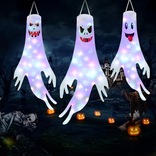 Moxled 3 Stück Halloween Deko Outdoor, 120cm Halloween Geist Windsäcke mit Bunt LED Lichtern, Ghost Windsack Hängende Halloween Dekoration für Garten Horror Outdoor Party