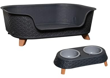 Samuel ALEXANDER 77cm x 58cm Grey Plastic Raised Pet Basket with Legs and Grey Plastic Double Pet Bowl Feeder with Stand Set