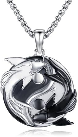 OHAYOO Yin Yang Collier en argent sterling 925 - Pendentif Yin Yang - Chaînes partenaires - Poisson koi - Bijoux homme et femme, Standaard, Argent sterling