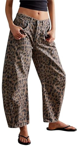 Sawmew Barrel Pants Pantalon en Jean Vintage Ample Délavé Taille Basse pour Femme Imprimé Léopard Jambe Large Style Petit Ami Effet Usé Effet Délavé(XL)