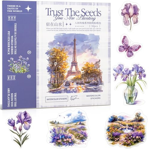 Guidevy Lot de 50 feuilles d'autocollants Washi thématiques paysage coloré, fournitures scrapbooking journal intime pré-découpés (TZ-005-006)