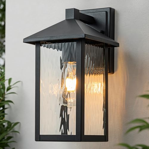 FTL Außenwandlampe Moderne, Aussen Wandleuchte mit Wassergeriffeltes Glas, Aussenlampe Wand E27-Sockel, Mattschwarz Außenlampe Wand Laterne, Terrassenbeleuchtung für Veranda, Garten, IP44 Wasserdicht