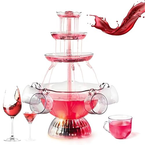 3-Tier Party Fountain,3L Drink Dispenser for Cocktail Red Wine Beer Juice Beverage, Electric Fountain Drink Machine with 5 Cups,Red Wine Drinking Fountain Beverage Beer Party Fountain With LED
