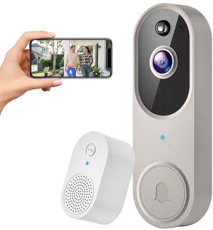 FineLuck Video Doorbell Camera Wireless with Doorbell Receiver, Battery Powered, AI Human Detection, 2-Way Talk, 2.4G Wi-Fi, Cloud Storage, Indoor Outdoor Surveillance (Linen)