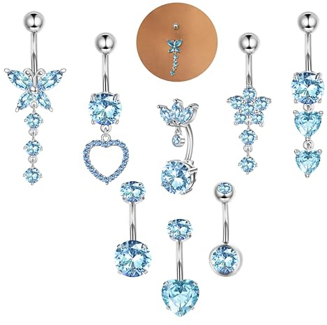 ORAZIO 8 Stück 14G Bauchnabelpiercing Gold/Silber Chirurgenstahl | Wasserfest Hypoallergen Schmetterling Herz Zirkon 10MM Bauchnabelpiercing Set Gold Piercing Bauchnabel Damen