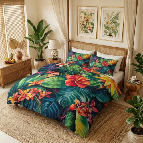 Generisch Bettwäsche Floral Blumen 135x200, Tropische Blätter Botanisch Monstera Motiv Wendebettwäsche & Deko, Weiche Microfaser Bettbezug mit Reißverschluss und 1 Kissenbezug 80x80, 2tlg - ASD6299