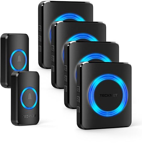 TECKNET Wireless Doorbell with 2 Push Buttons & 4 Receivers, 400M/1300ft Long Range Door Chime Kit, IP65 Waterproof Door Bells, 60 Chimes, 5 Volume Levels, Memory Function, for Home, School, Office