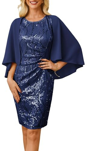 GRACE KARIN Robe Mere de Mariee Courte en Sequins avec Bolero Chiffon Robe de Cocktail Soiree Ceremonie Bleu Marine S