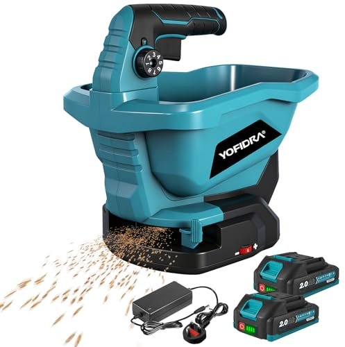 Yofidra Cordless Seed Spreader, 3.3L Grass Seed Spreader, 6 Speed Settings, 8 Spread Levels, Scatter Width Max 5m, Covers 800m² per Fill, 2 × 2.0Ah Baterries, for Fertiliser, Grass Seed, Salt, Grit