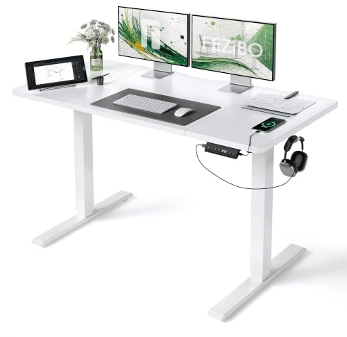 FEZIBO Höhenverstellbarer Schreibtisch 140x70cm USB-C&USB-A Ladeanschl | Schreibtisch Höhenverstellbar Elektrisch, 72–118cm Hub, 80kg Tragkraft, Memory-Funktion mit 3 Höhen, Steh-Sitz Tisch, Weiß